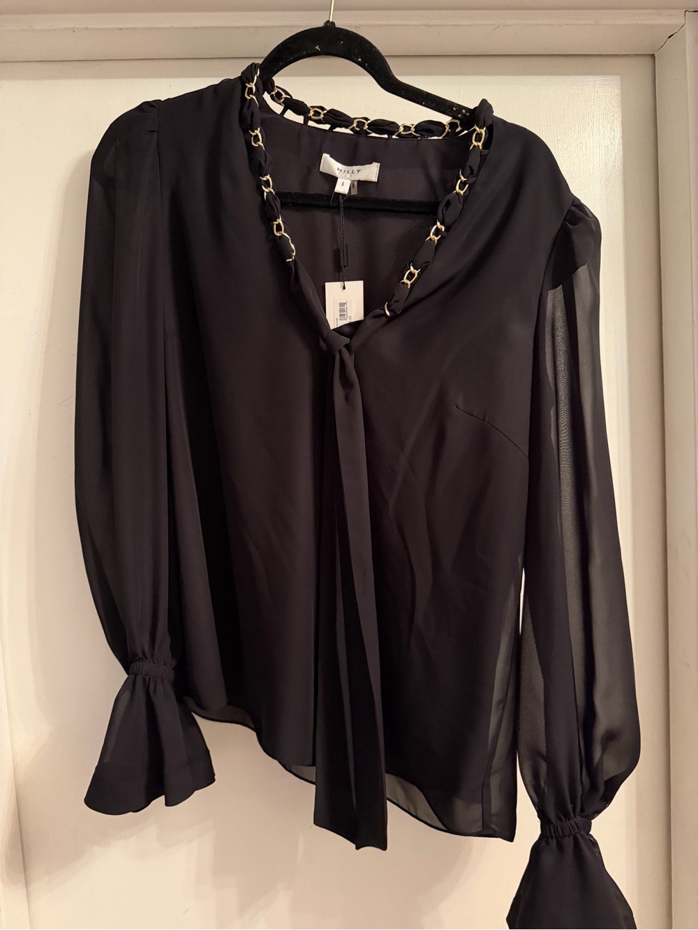 Milly Black Blouse with Gold Chain-Trim Tie Neck